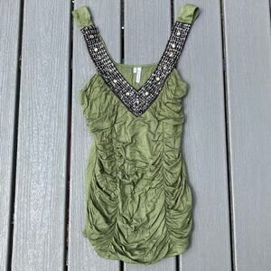 Green beaded v neck gathered ruched tank top, fairycore Y2K 2000s whimsy